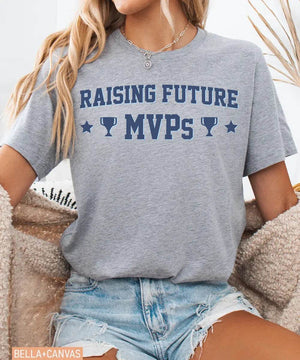 Raising Future MVPs T-Shirt – Sports Mom Tee in Bella+Canvas & Comfort Colors - Woven Mama