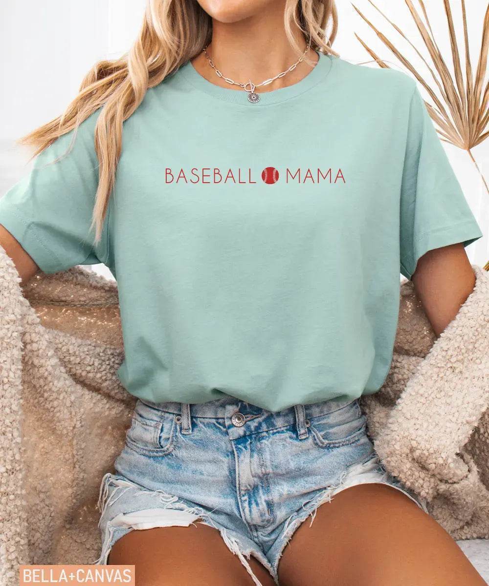 Person wearing dusty blue Bella Canvas t-shirt with 'BASEBALL MAMA' text.