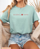 Person wearing dusty blue Bella Canvas t-shirt with 'BASEBALL MAMA' text.