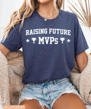 Raising Future MVPs T-Shirt – Sports Mom Tee in Bella+Canvas & Comfort Colors - Woven Mama