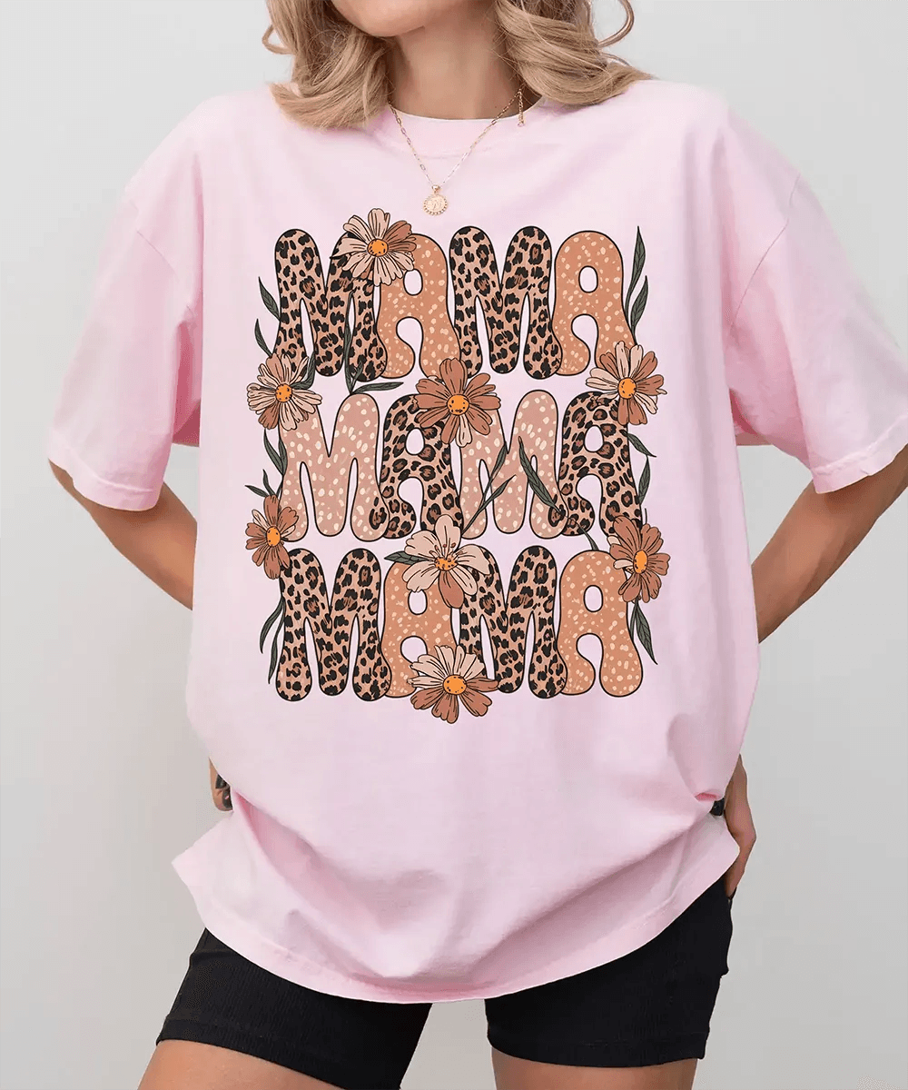 MAMA Comfort Colors® T-Shirt – Retro Leopard & Polka Dot Floral Mom Shirt - Woven Mama