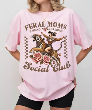 Feral Moms Social Club Shirt – Retro Tiger Comfort Colors Tee for Moms - Woven Mama