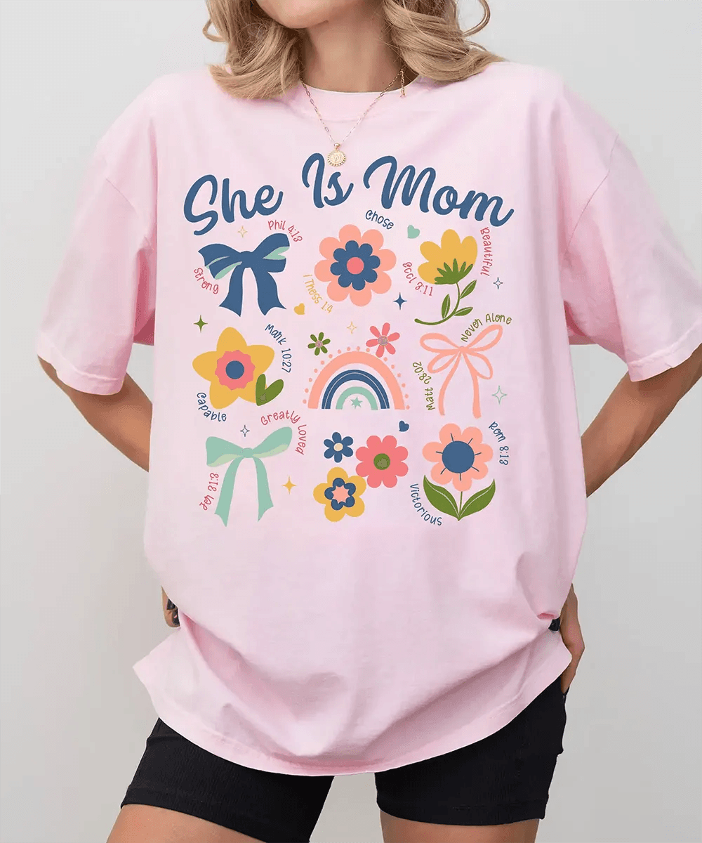 She Is Mom Comfort Colors® T-Shirt – Floral & Bow Inspirational Mom Shirt - Woven Mama