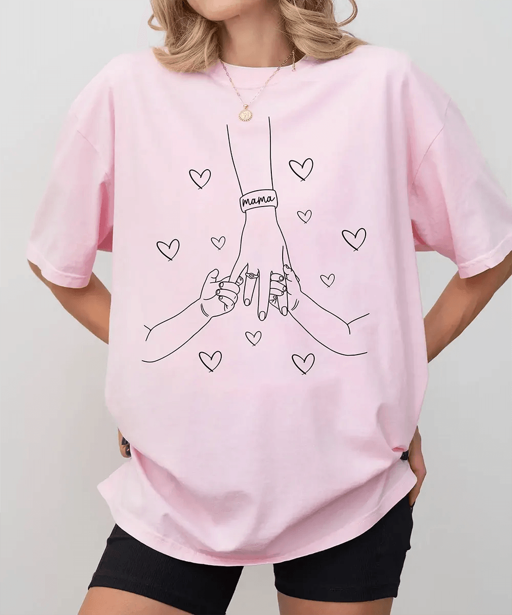 Mama Comfort Colors® T-Shirt – Minimalist Line Art Hands & Hearts Mom Shirt - Woven Mama