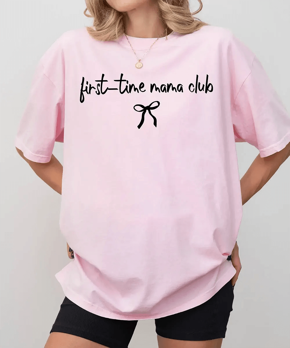 First-Time Mama Club Comfort Colors® T-Shirt – New Mom Bow Tee - Woven Mama