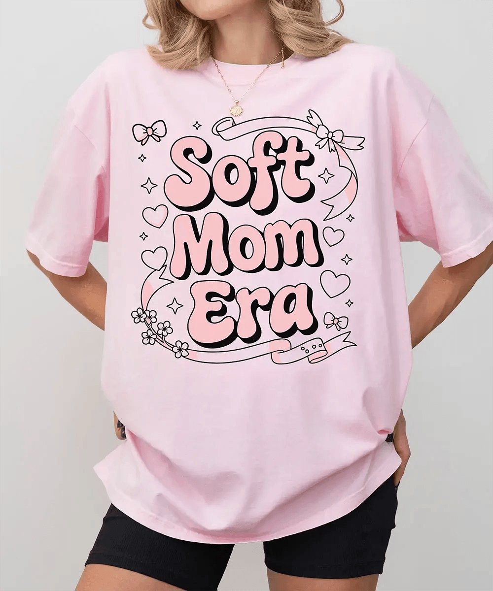 Soft Mom Era Comfort Colors® T-Shirt – Pink Bubble Letters with Hearts, Ribbons & Bows Mom Shirt - Woven Mama