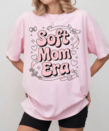 Soft Mom Era Comfort Colors® T-Shirt – Pink Bubble Letters with Hearts, Ribbons & Bows Mom Shirt - Woven Mama