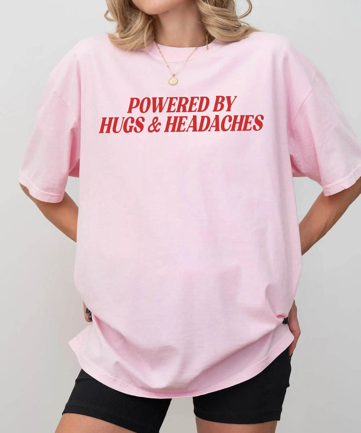 Powered by Hugs & Headaches T-Shirt – Comfort Colors Funny Mom Life Tee - Woven Mama