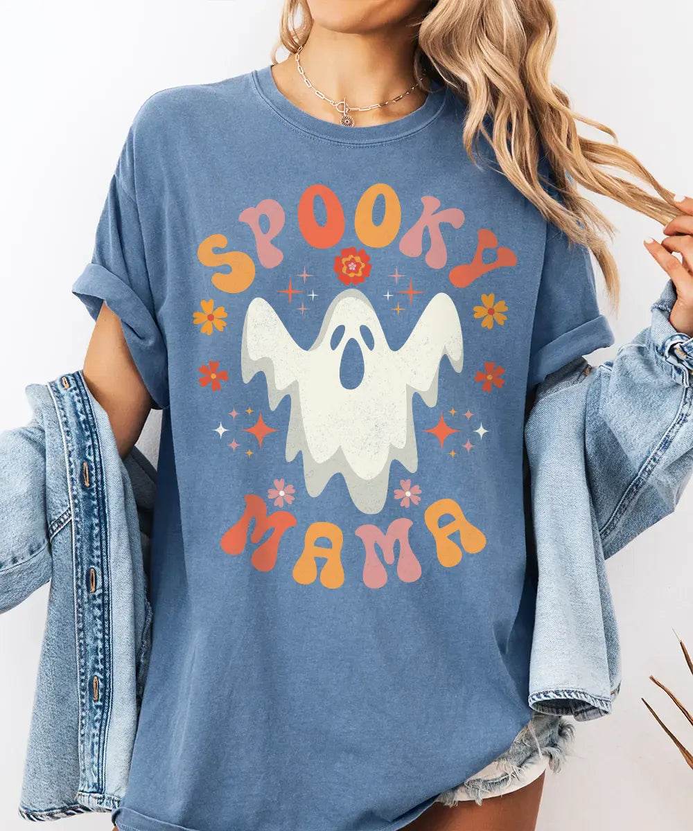 Spooky Mama Ghost Comfort Colors T-Shirt or Crewneck Sweatshirt – Retro Halloween Mom Shirt - Woven Mama