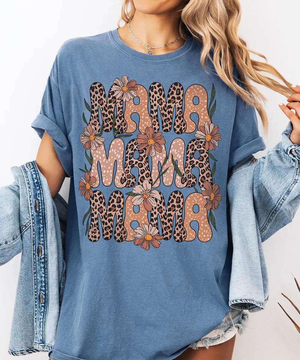 MAMA Comfort Colors® T-Shirt – Retro Leopard & Polka Dot Floral Mom Shirt - Woven Mama