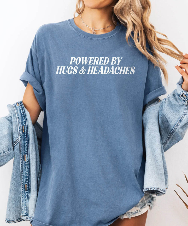 Powered by Hugs & Headaches T-Shirt – Comfort Colors Funny Mom Life Tee - Woven Mama