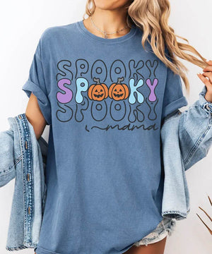 Spooky Mama Comfort Colors T-Shirt or Crewneck Sweatshirt – Colorful Halloween Pumpkin Mom Shirt - Woven Mama