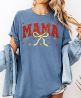 Red Glitter Mama T-Shirt – Gold Bow Comfort Colors Tee - Woven Mama