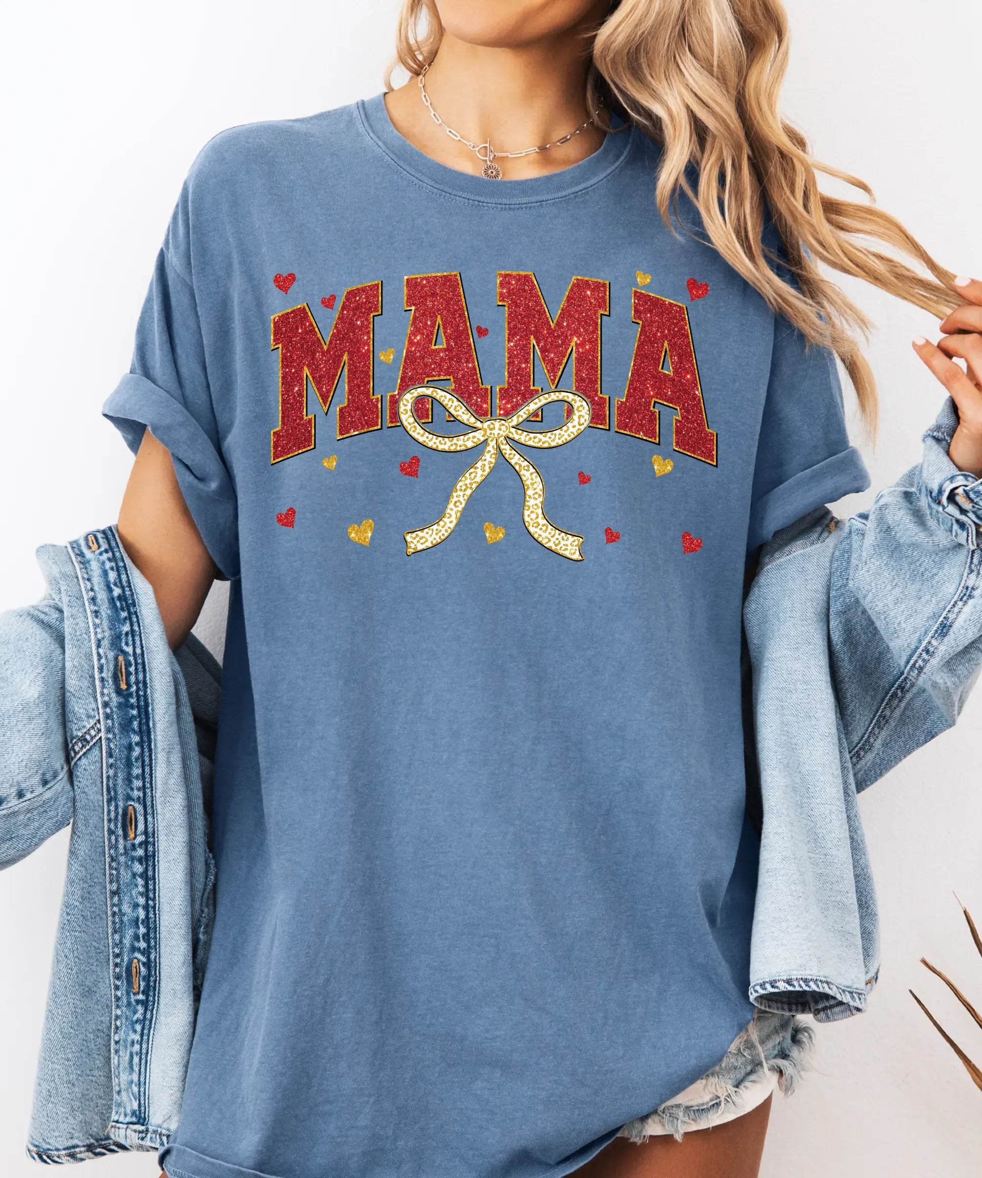 Red Glitter Mama T-Shirt – Gold Bow Comfort Colors Tee - Woven Mama