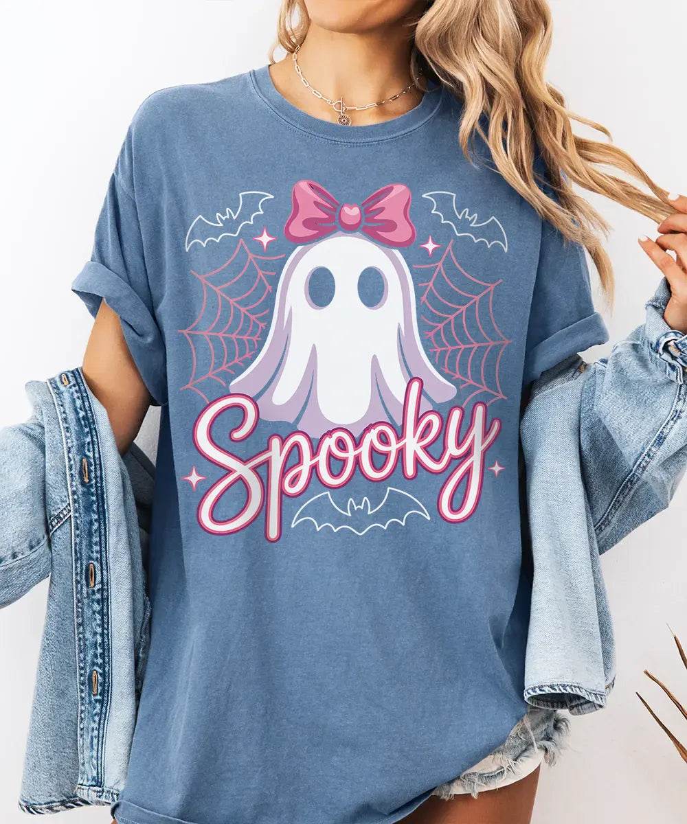 Spooky Ghost Mama Comfort Colors T-Shirt or Sweatshirt – Cute Halloween Pink Bow Ghost Shirt - Woven Mama