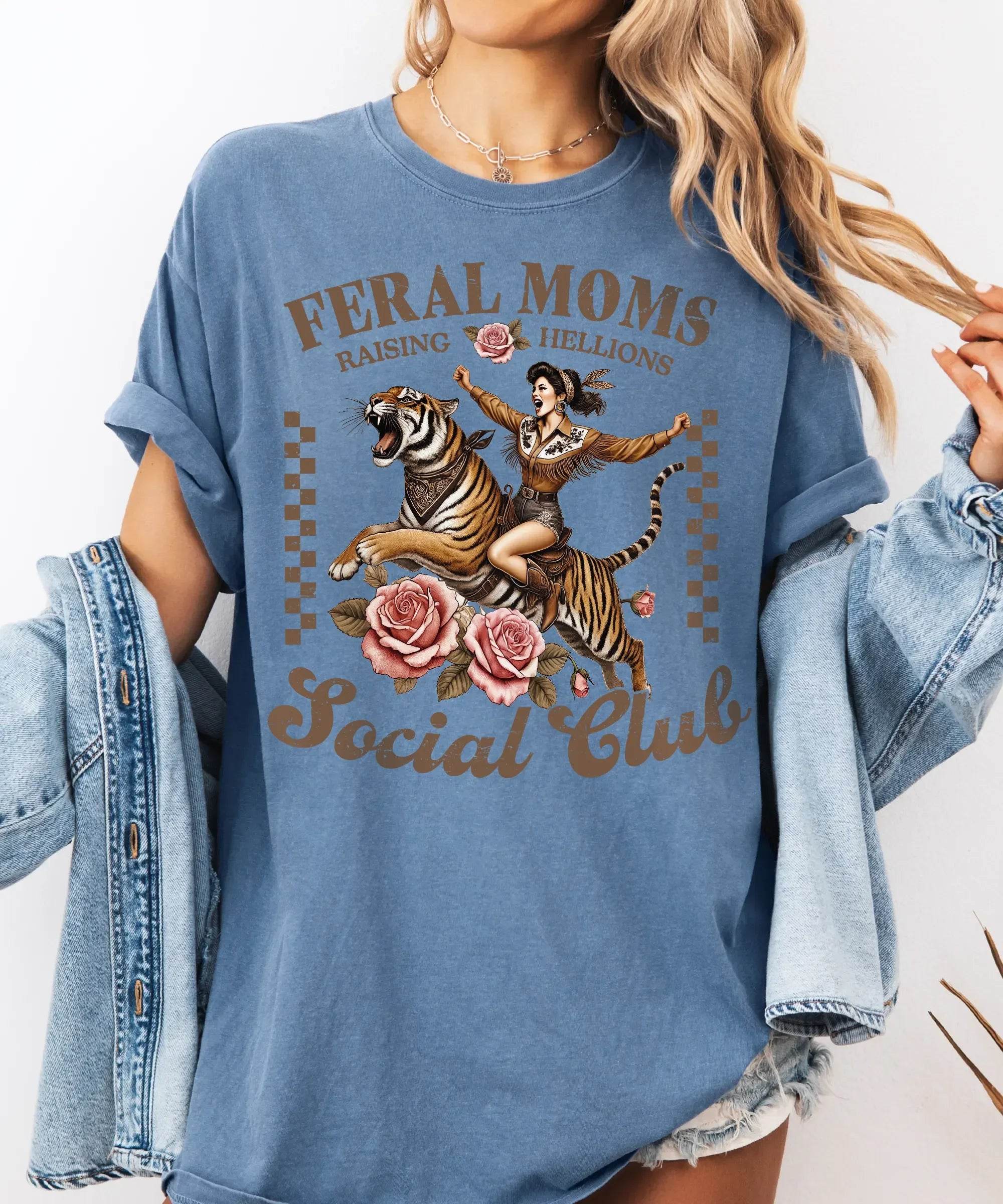 Feral Moms Social Club Shirt – Retro Tiger Comfort Colors Tee for Moms - Woven Mama