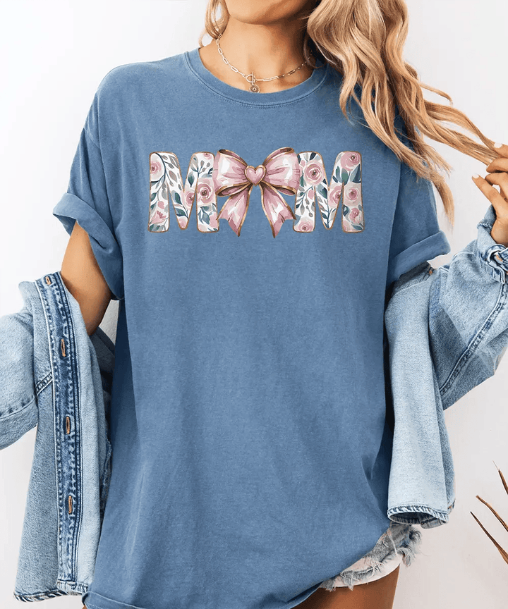 MAMA Comfort Colors® T-Shirt – Floral Letters with Pink Bow & Heart Mom Shirt - Woven Mama