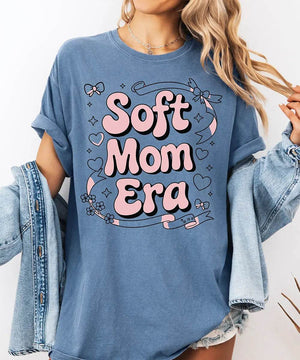 Soft Mom Era Comfort Colors® T-Shirt – Pink Bubble Letters with Hearts, Ribbons & Bows Mom Shirt - Woven Mama