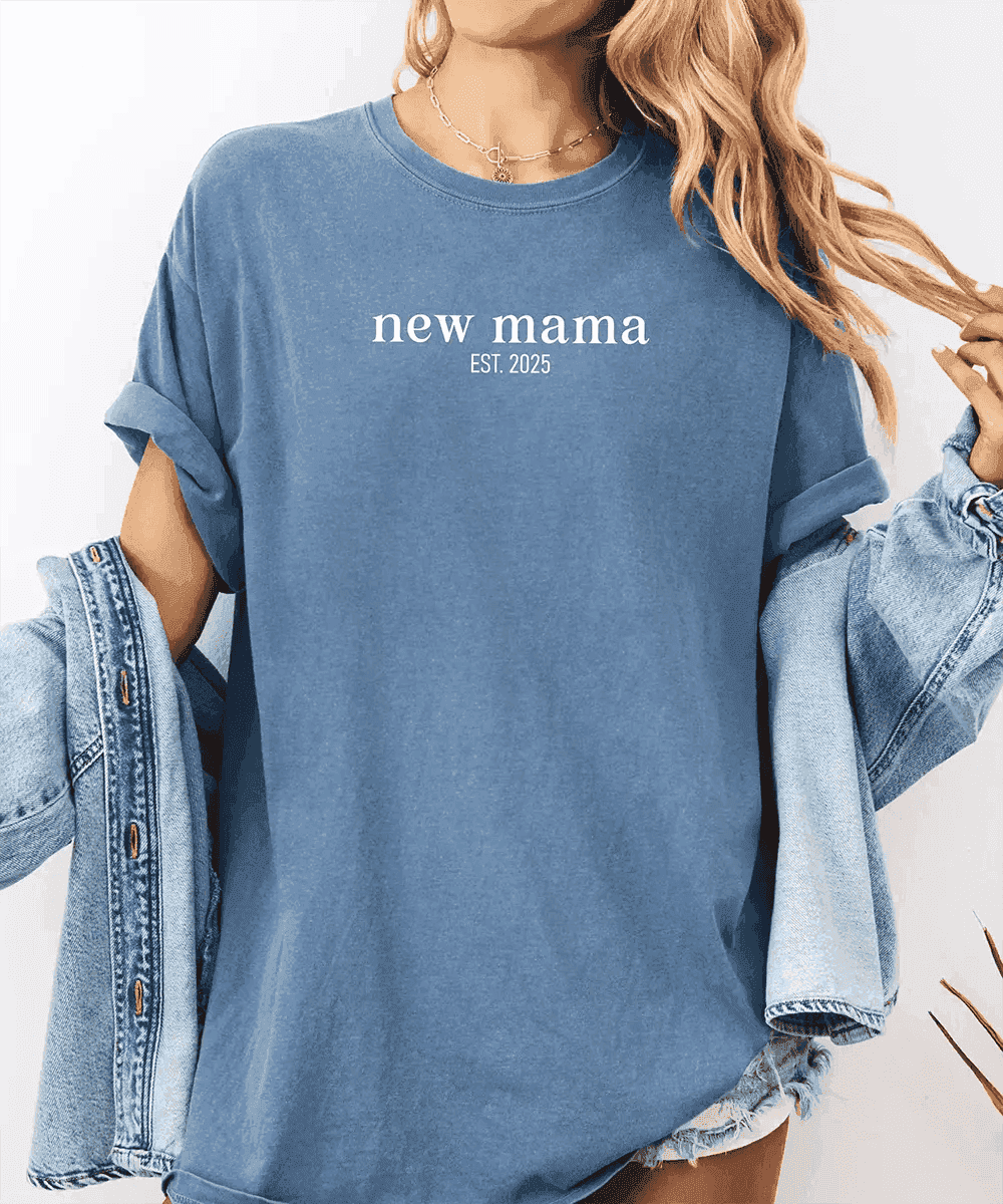 Custom New Mama Comfort Colors® T-Shirt – Minimalist Est. Year Personalized Mom Shirt - Woven Mama