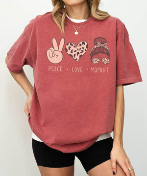 Peace Love Momlife T-Shirt – Leopard Print Comfort Colors Tee for Cool Moms - Woven Mama
