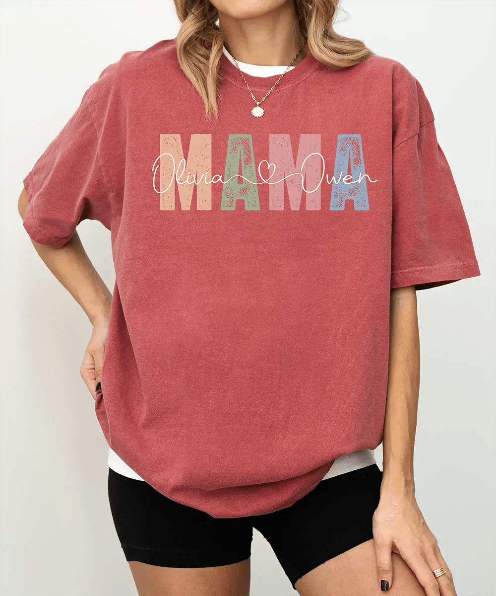 Custom Mama Comfort Colors® T-Shirt – Personalized with Kids’ Names - Woven Mama