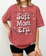 Soft Mom Era Comfort Colors® T-Shirt – Pink Bubble Letters with Hearts, Ribbons & Bows Mom Shirt - Woven Mama