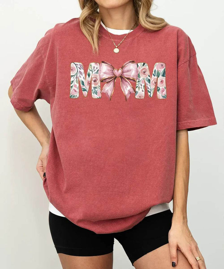 MAMA Comfort Colors® T-Shirt – Floral Letters with Pink Bow & Heart Mom Shirt - Woven Mama