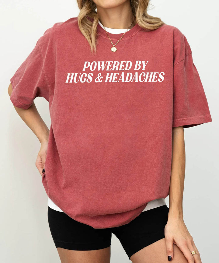 Powered by Hugs & Headaches T-Shirt – Comfort Colors Funny Mom Life Tee - Woven Mama