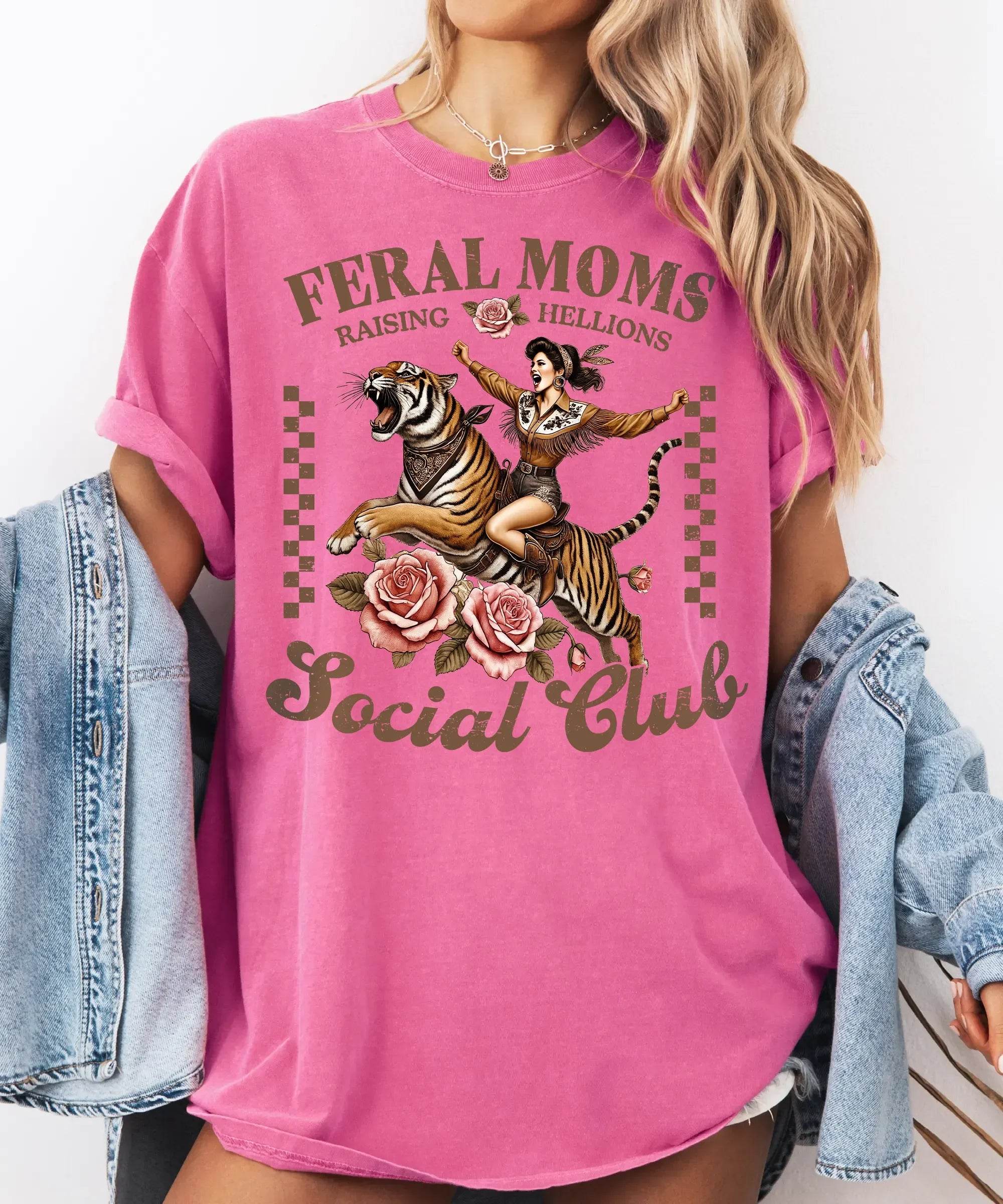 Feral Moms Social Club Shirt – Retro Tiger Comfort Colors Tee for Moms - Woven Mama