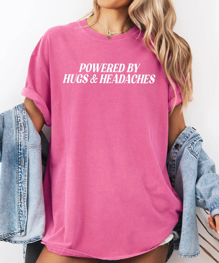 Powered by Hugs & Headaches T-Shirt – Comfort Colors Funny Mom Life Tee - Woven Mama