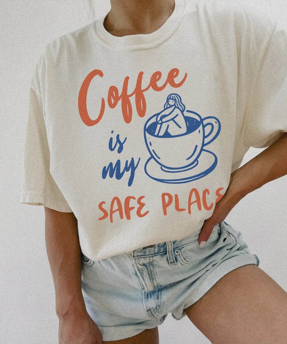 Coffee Is My Safe Place T-Shirt | Cozy Coffee Lover Tee for Moms - Woven Mama