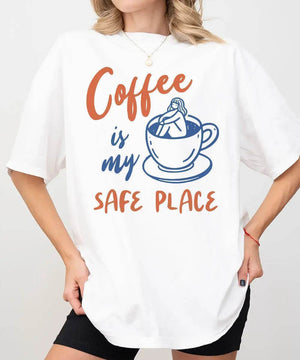 Coffee Is My Safe Place T-Shirt | Cozy Coffee Lover Tee for Moms - Woven Mama