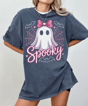 Spooky Ghost Mama Comfort Colors T-Shirt or Sweatshirt – Cute Halloween Pink Bow Ghost Shirt - Woven Mama