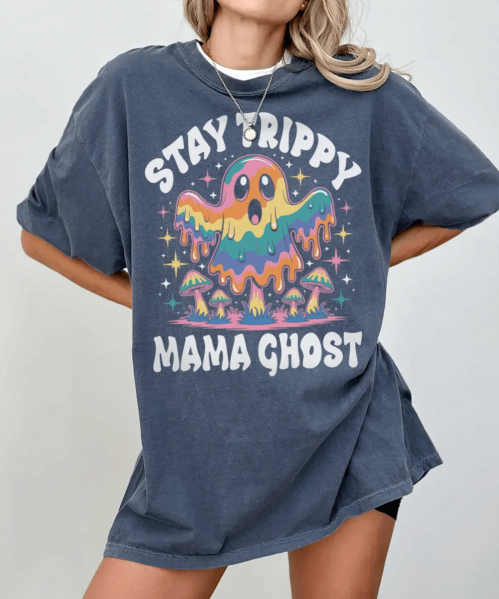 Stay Trippy Mama Ghost Comfort Colors T-Shirt or Crewneck Sweatshirt – Psychedelic Halloween Mom Shirt - Woven Mama