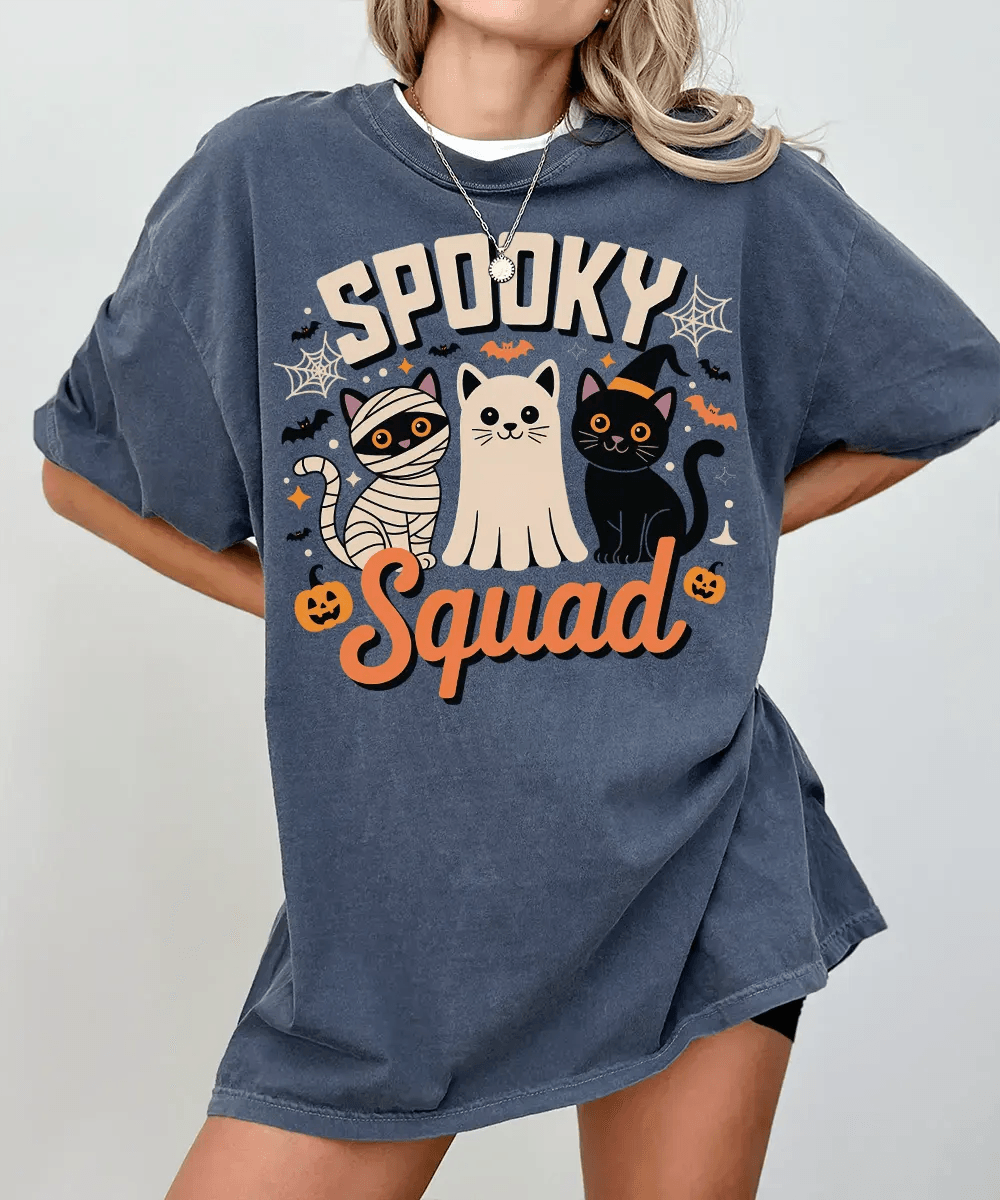 Spooky Squad Halloween Comfort Colors T-Shirt or Crewneck Sweatshirt – Cute Cats Mom Halloween Shirt - Woven Mama