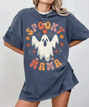 Spooky Mama Ghost Comfort Colors T-Shirt or Crewneck Sweatshirt – Retro Halloween Mom Shirt - Woven Mama