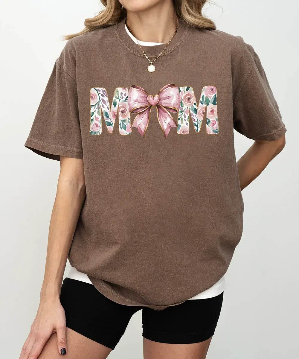 MAMA Comfort Colors® T-Shirt – Floral Letters with Pink Bow & Heart Mom Shirt - Woven Mama