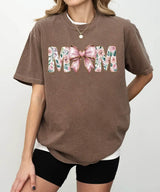MAMA Comfort Colors® T-Shirt – Floral Letters with Pink Bow & Heart Mom Shirt - Woven Mama