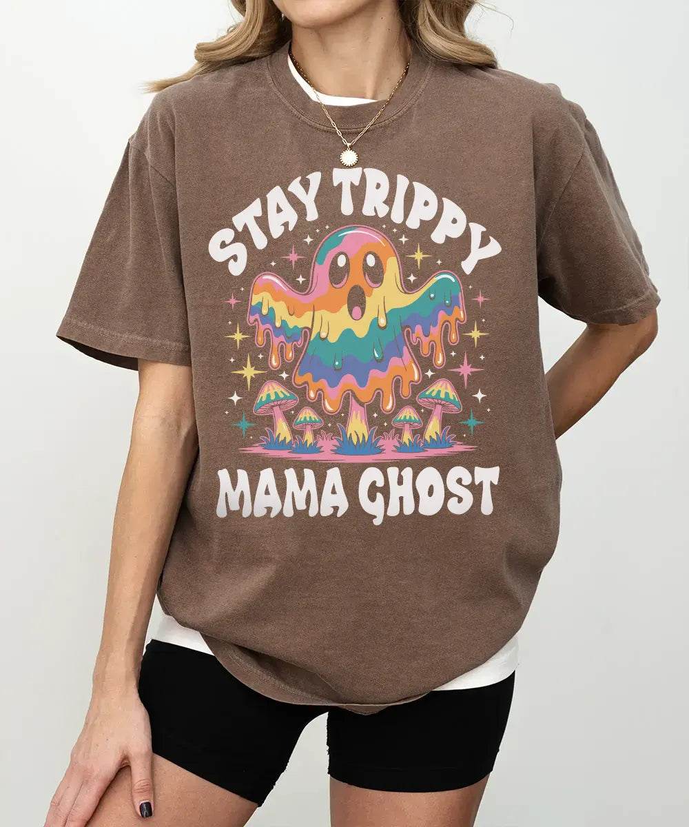 Stay Trippy Mama Ghost Comfort Colors T-Shirt or Crewneck Sweatshirt – Psychedelic Halloween Mom Shirt - Woven Mama