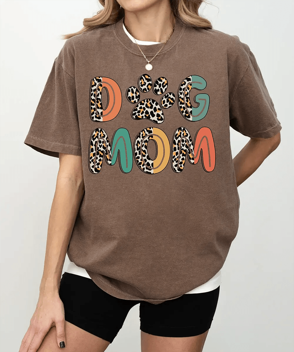 Dog Mom Comfort Colors® T-Shirt – Retro Leopard Letters with Paw Print - Woven Mama