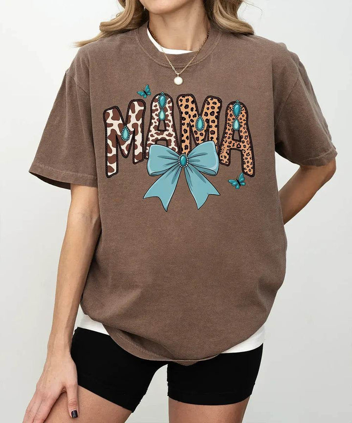 MAMA Comfort Colors® T-Shirt – Leopard & Cow Print Letters with Turquoise Bow Mom Shirt - Woven Mama