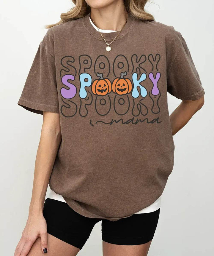 Spooky Mama Comfort Colors T-Shirt or Crewneck Sweatshirt – Colorful Halloween Pumpkin Mom Shirt - Woven Mama