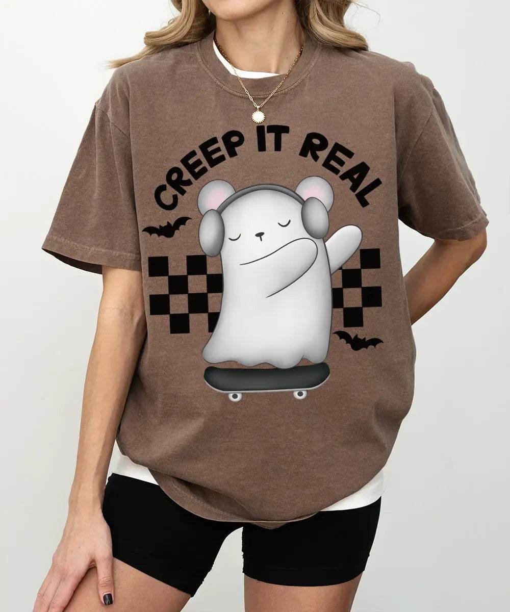 Creep It Real Halloween Comfort Colors T-Shirt or Crewneck Sweatshirt – Cute Ghost Skateboard Tee - Woven Mama