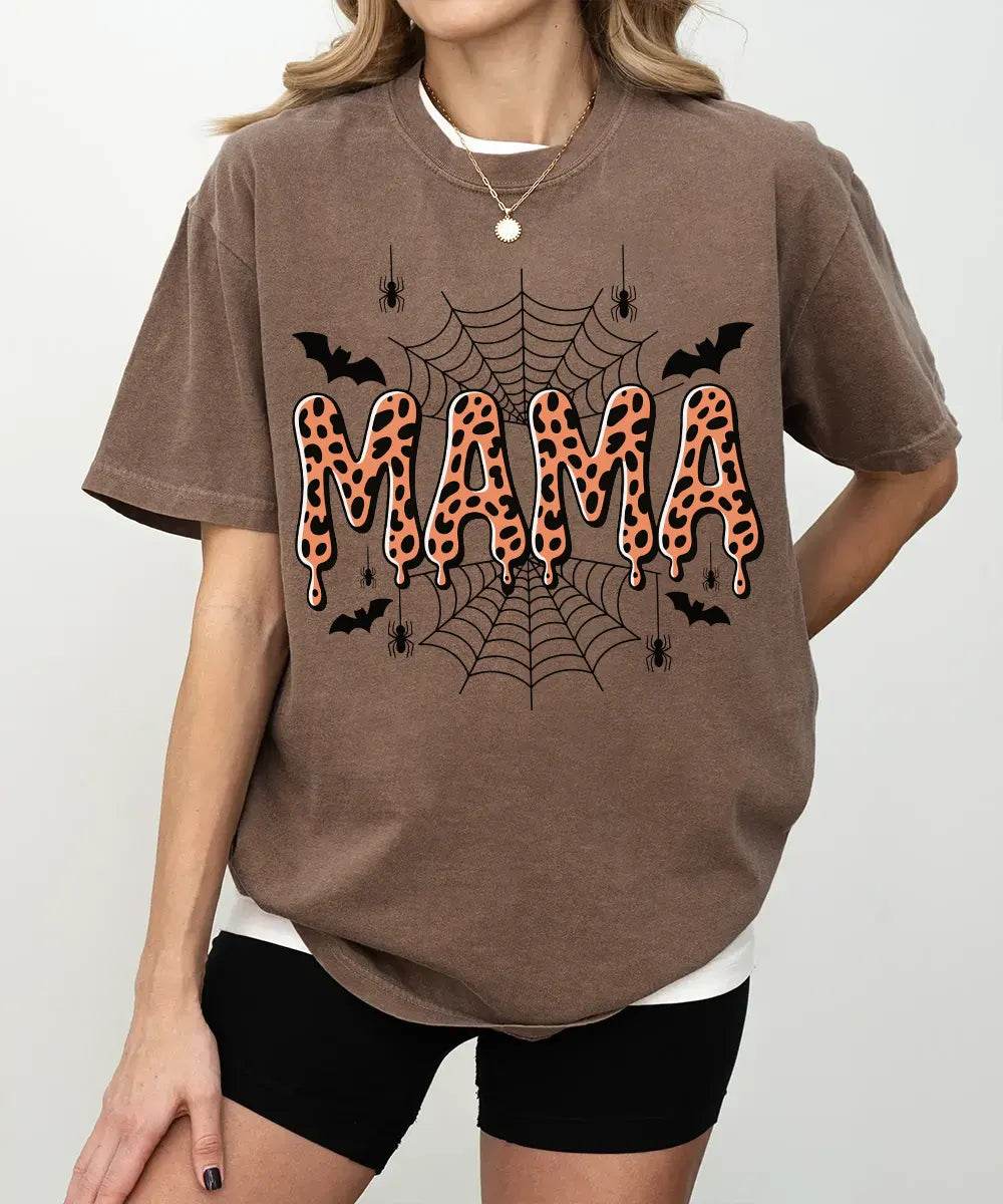 Spooky Mama Comfort Colors T-Shirt or Crewneck Sweatshirt – Leopard Print Halloween Mom Shirt - Woven Mama