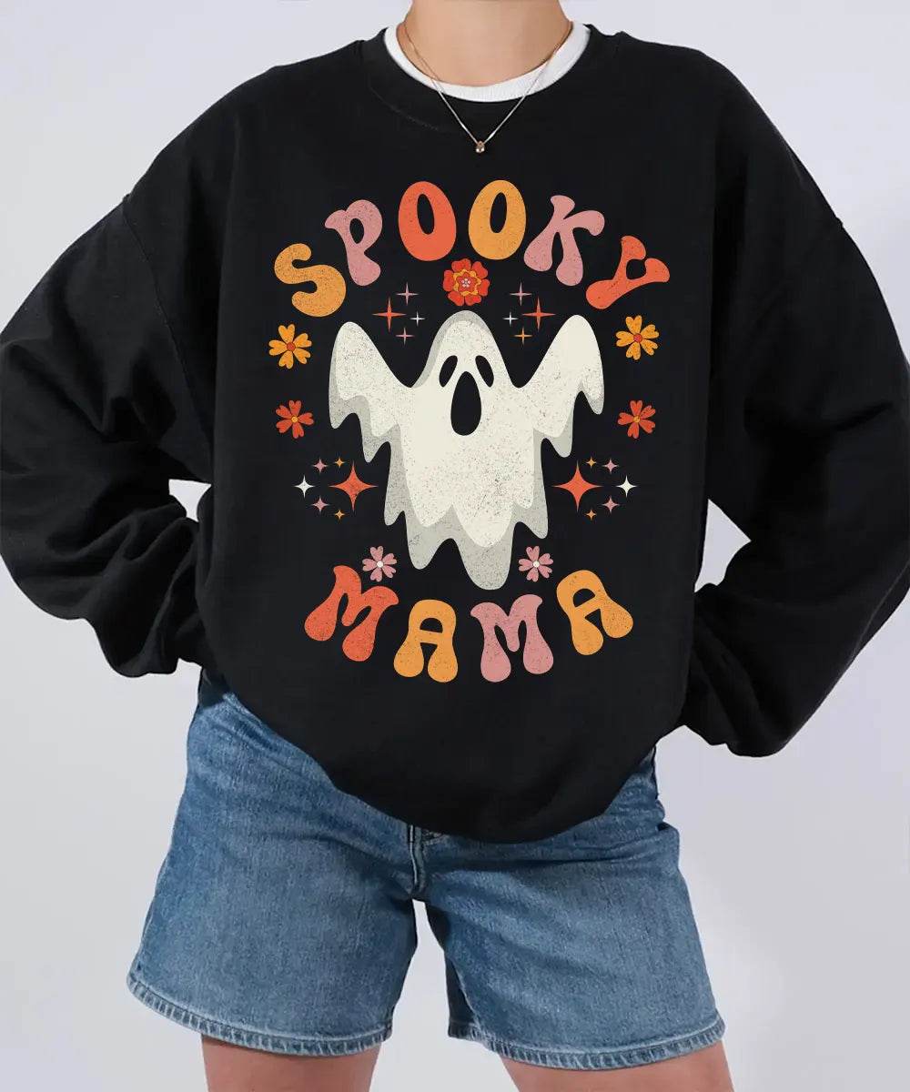 Spooky Mama Ghost Comfort Colors T-Shirt or Crewneck Sweatshirt – Retro Halloween Mom Shirt - Woven Mama