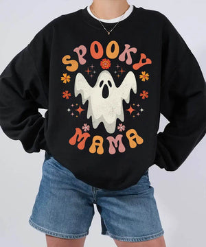 Spooky Mama Ghost Comfort Colors T-Shirt or Crewneck Sweatshirt – Retro Halloween Mom Shirt - Woven Mama