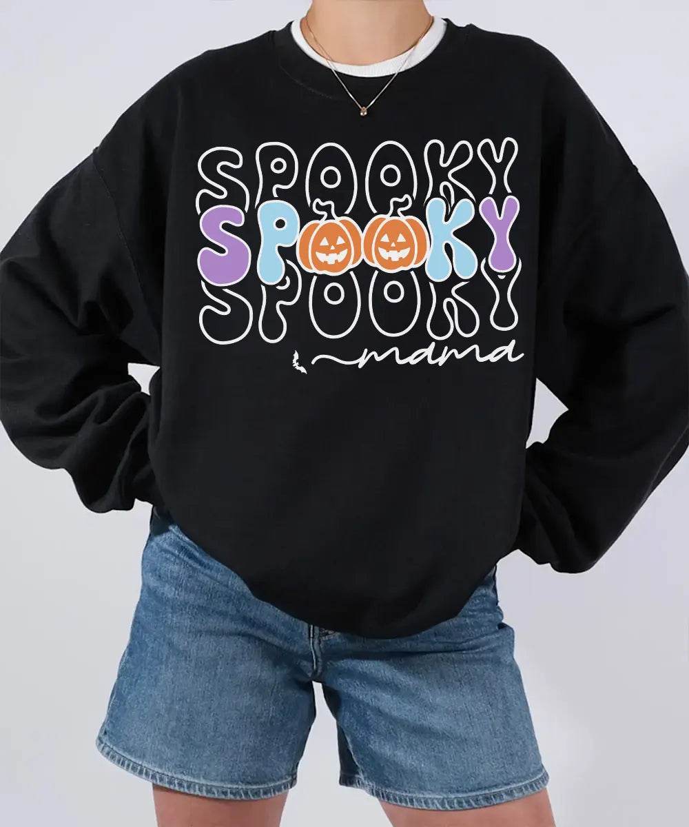 Spooky Mama Comfort Colors T-Shirt or Crewneck Sweatshirt – Colorful Halloween Pumpkin Mom Shirt - Woven Mama