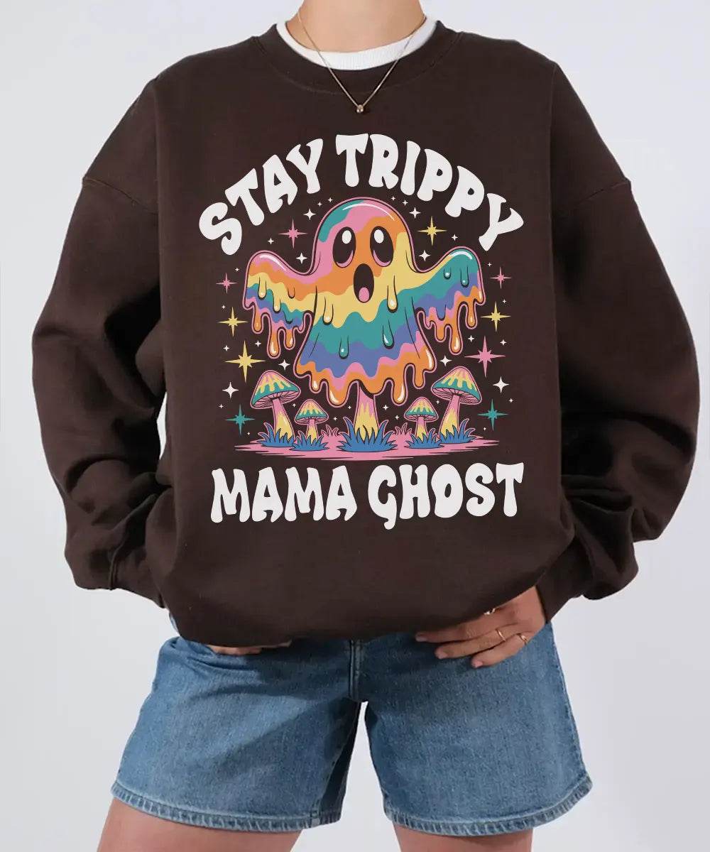 Stay Trippy Mama Ghost Comfort Colors T-Shirt or Crewneck Sweatshirt – Psychedelic Halloween Mom Shirt - Woven Mama