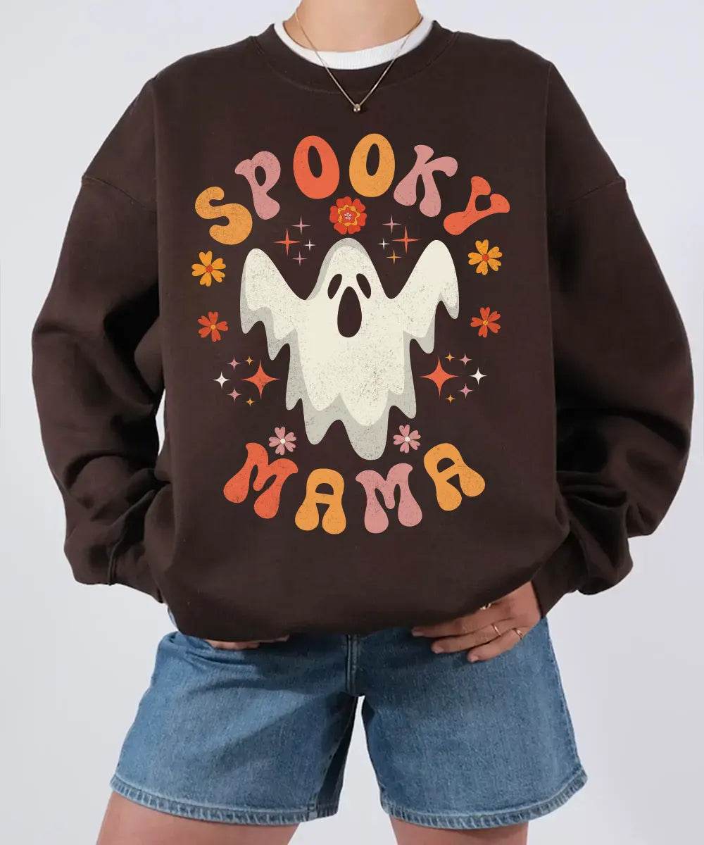 Spooky Mama Ghost Comfort Colors T-Shirt or Crewneck Sweatshirt – Retro Halloween Mom Shirt - Woven Mama