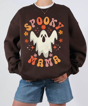 Spooky Mama Ghost Comfort Colors T-Shirt or Crewneck Sweatshirt – Retro Halloween Mom Shirt - Woven Mama